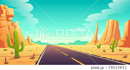 Desert landscape with road, cactuses and rocks 79525651