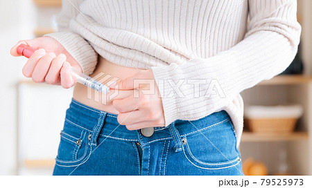 自己注射を打つ女性　ペン型　手元　16:9 79525973