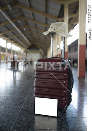 Traveler suitcase at platform. Traveling and lifestyle concept. Traveler suitcase at platform. Traveling and lifestyle concept. 79526710