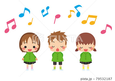 お友達と歌を唄っている可愛い幼稚園児の子供たちのイラスト 白背景のイラスト素材