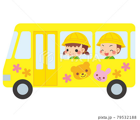 幼稚園バスに乗っている可愛い幼稚園児の男の子と女の子のイラスト 白背景のイラスト素材