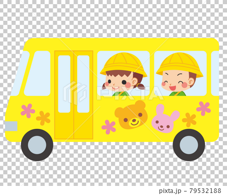 幼稚園バスに乗っている可愛い幼稚園児の男の子と女の子のイラスト 白背景のイラスト素材