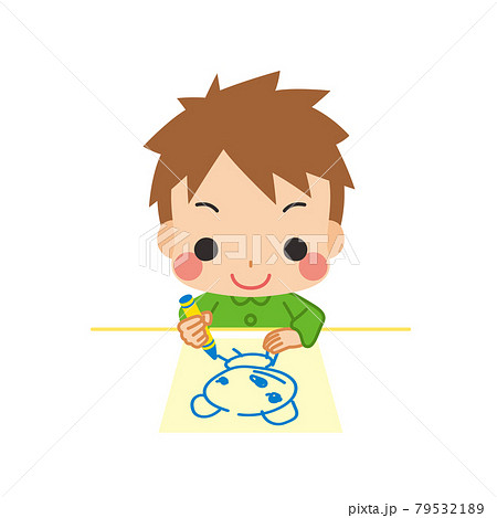 絵を描いて一人で遊んでいる可愛い幼稚園児の男の子のイラスト 白背景のイラスト素材
