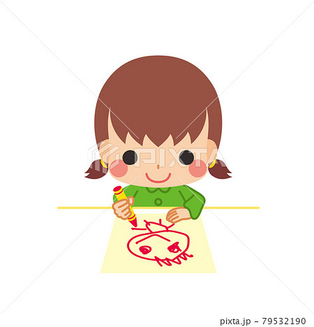 絵を描いて一人で遊んでいる可愛い幼稚園児の女の子のイラスト 白背景のイラスト素材