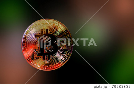 Neon light reflected on Bitcoin coin on vivid background new kind of financial technology with copy space 79535355