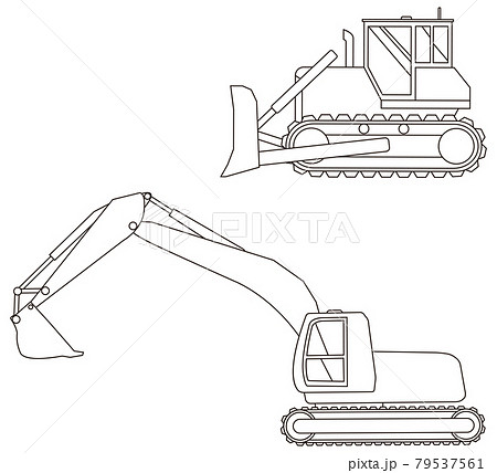 ブルドーザーとシャベル 線画のイラスト素材