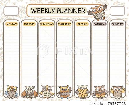 Vector template weekly planner. Owls cartoons design. Vector template weekly planner. Owls cartoons design. 79537708