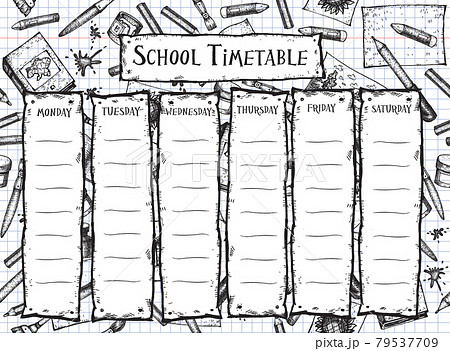 Vector template school timetable. Hand drawn background with school supplies. 79537709