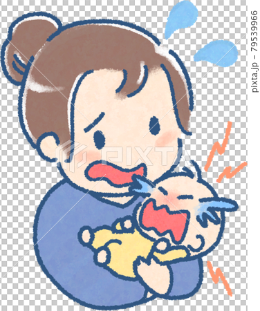 年輕女子抱著哭泣的嬰兒和困惑的插圖（手繪風格|全彩） 79539966