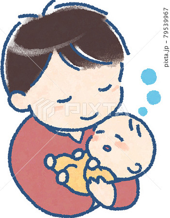 すやすやと眠る赤ちゃんを抱く若い男性のイラスト 手描き風 フルカラー のイラスト素材