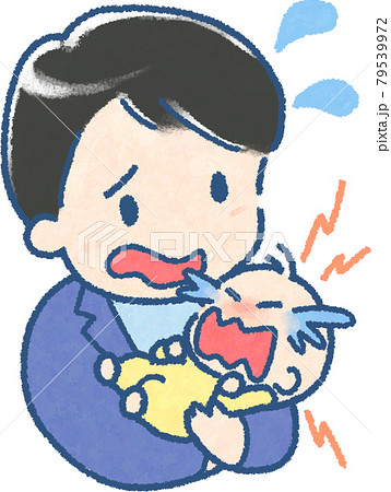 泣きわめく赤ちゃんを抱いて戸惑う若い男性のイラスト(手描き風|フルカラー) 泣きわめく赤ちゃんを抱いて戸惑う若い男性のイラスト(手描き風|フルカラー) 79539972