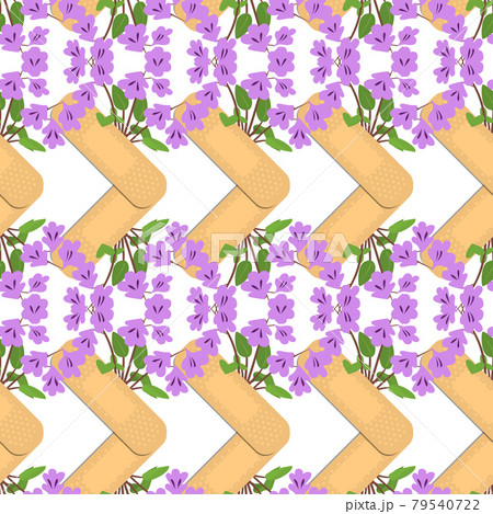 Seamless pattern with sticking plasters and purple flowers. Medical patch repeat texture. Seamless pattern with sticking plasters and purple flowers. Medical patch repeat texture. 79540722