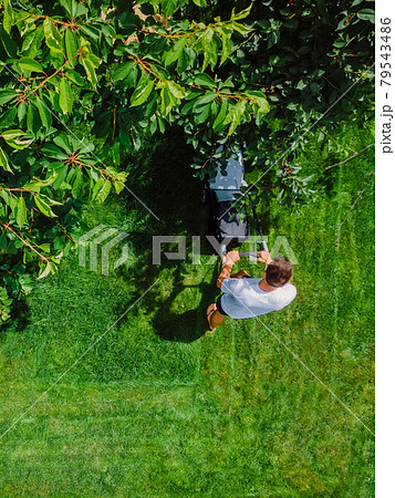 Caucasian gardener mowing backyard garden grass using Cordless electric grass mower. Aerial View. Gardening and landscaping industry. Caucasian gardener mowing backyard garden grass using Cordless electric grass mower. Aerial View. Gardening and landscaping industry. 79543486