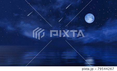 Full moon and falling stars above calm night ocean 79544267