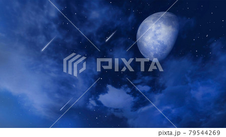 Moon and shooting stars in night sky with clouds Moon and shooting stars in night sky with clouds 79544269