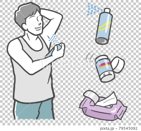 腋臭対策に制汗剤を使う若い男性 79545092