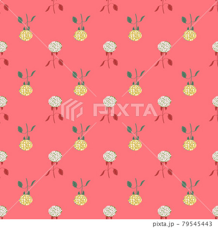 Summer style seamless pattern with light blue and yellow hydrangea flower print. Pink background. Summer style seamless pattern with light blue and yellow hydrangea flower print. Pink background. 79545443