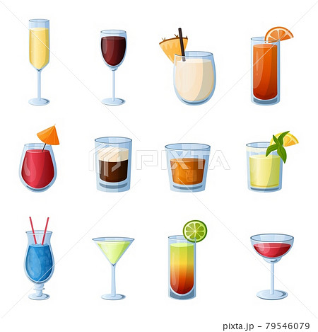 Cocktails. Cartoon alcohol beverages in different glasses for bar or restaurant menu. Bright shots and long drinks with straw or fruit pieces. Wine and champagne. Vector isolated set 79546079