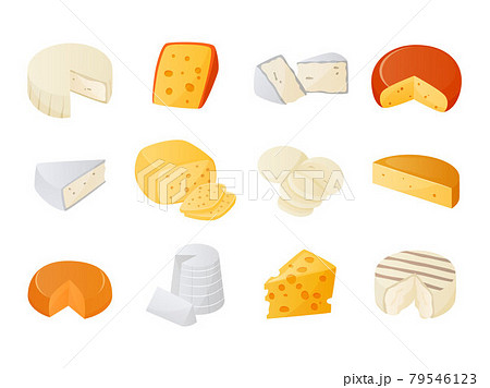 Cheese. Cartoon milk products pieces. Gourmet dairy food set. Dor blue and cheddar. Brie or camembert. Delicious gouda of varying maturity. Cooking ingredient. Vector appetizers set 79546123