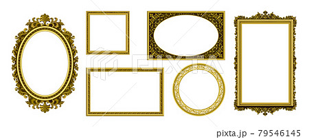 Golden picture frames. Vintage photo border. Antique royal museum decoration with luxury ornament. Isolated frameworks of gold. Premium furniture template. Vector interior elements set 79546145