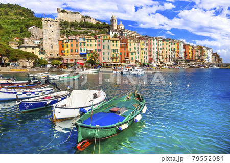Famous  "Cinque terre" in Italy - beautiful Portovenere fishing village in Liguria and popular tourist attraction 79552084