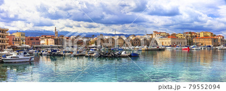 Greek islands. beautiful Crete island, panoramic view of venetian old town of Chania.view of old port 79552094