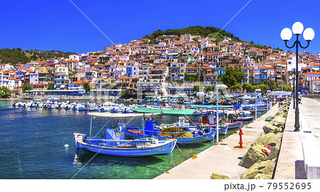 Unknown traditional Greece - beautiful Lesvos (Lesbos) island . Plomarion village with fishing boats Unknown traditional Greece - beautiful Lesvos (Lesbos) island . Plomarion village with fishing boats 79552695