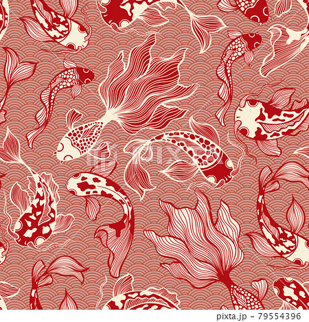 Japanese Koi Fish Vector Seamless Pattern in Red Colors for Fabric Textile 79554396