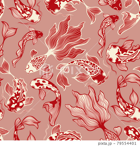 Japanese Koi Fish Vector Seamless Pattern in Red Colors for Fabric Textile 79554401