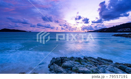 Long exposure colorful sunset or sunrise over sea Clear sky sunset with reflection light on sea surface Idyllic amazing landscape Climate change Beauty in nature environment Long exposure colorful sunset or sunrise over sea Clear sky sunset with reflection light on sea surface Idyllic amazing landscape Climate change Beauty in nature environment 79557191