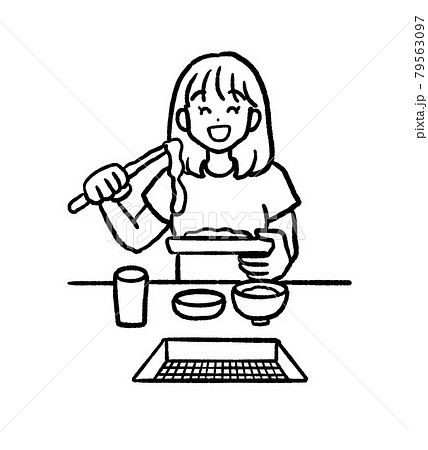一人焼肉をする女性のイラスト 線画のイラスト素材 一人焼肉をする女性のイラスト 線画のイラスト素材