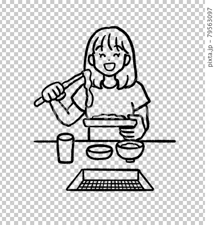 一人焼肉をする女性のイラスト 線画のイラスト素材