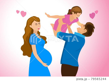 happy family at home father playing with daughter pregnant mother standing smiling happily safe. Flat style cartoon illustration vector 79565244