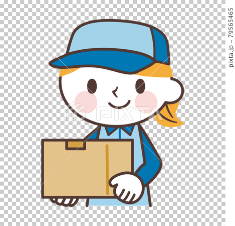 箱を運ぶ配達員の女性のかわいいキャラクターのイラスト素材