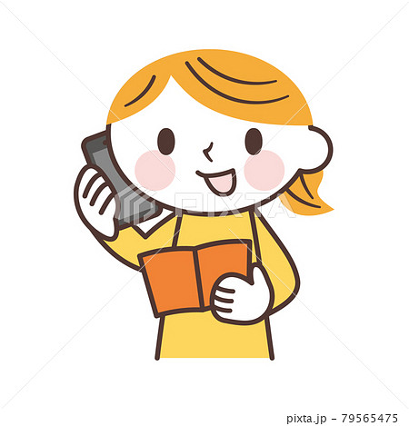 冊子を見ながら電話する女性のかわいいキャラクターのイラスト素材