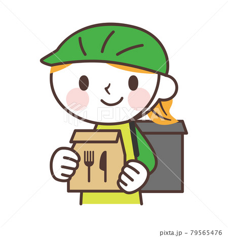 フードデリバリーの配達員の女性のかわいいキャラクターのイラスト素材