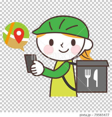 マップを確認するフードデリバリーの配達員の女性のかわいいキャラクターのイラスト素材