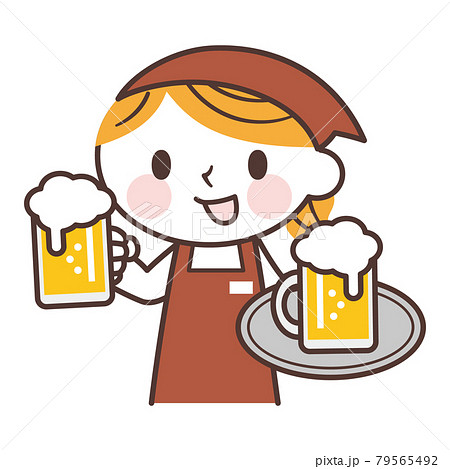 ビールを提供する居酒屋の店員の女性のかわいいキャラクターのイラスト素材