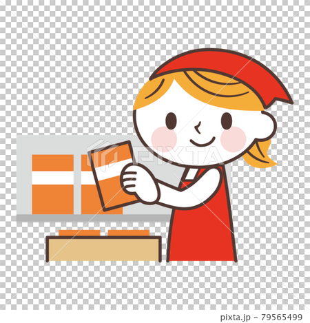 商品を棚に陳列する店員の女性のかわいいキャラクターのイラスト素材