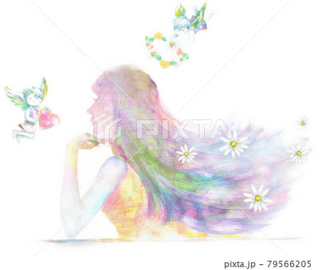 髪の長い女性のシルエット 手描き 天使のイラスト素材