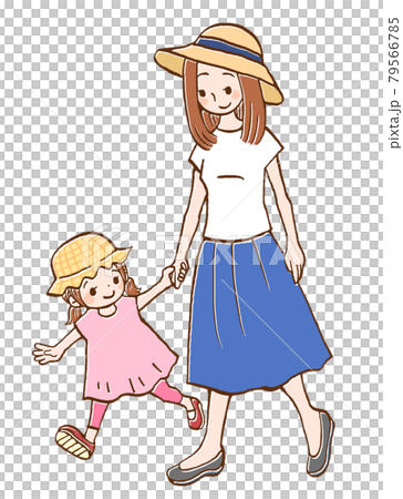女の子とお母さんの親子でお出かけするイラスト 79566785