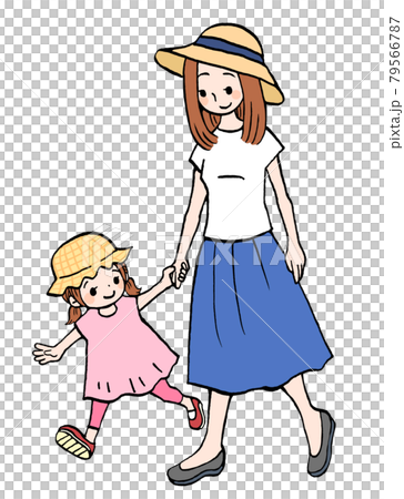 女の子とお母さんの親子でお出かけするイラストのイラスト素材