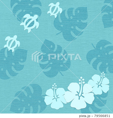 ハワイアンな背景デザイン ハイビスカスとウミガメのイラスト素材