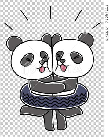 雙熊貓在輪胎中玩耍，同時將臉頰貼在一起的插圖 79567115