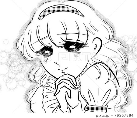 70年代少女漫画金髪パーマお嬢様ドキドキ祈るポーズのイラスト素材