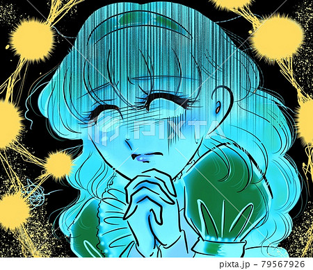 70年代少女漫画金髪パーマお嬢様ドキドキ祈るポーズのイラスト素材