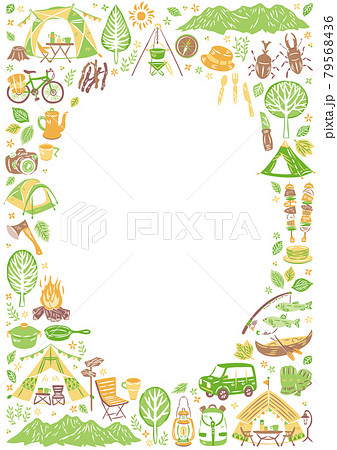 夏のアウトドアレジャー　キャンプ　バーベキュー　フレーム　縦 79568436
