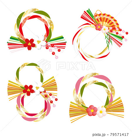 和のお祝いリース 紅白の花 水引 セットのイラスト素材
