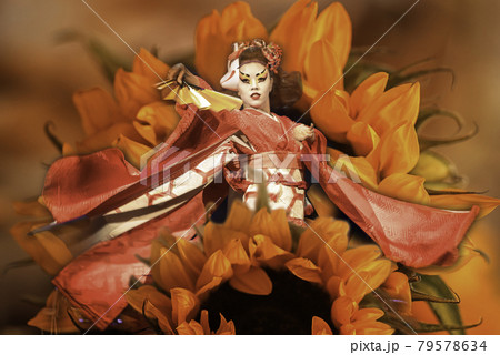 Japanese woman dances with a fan. Collage with flowers. Traditional Japanese performance, red fox dance. Kino Kitsune fox is a character in Japanese legends. Japanese woman dances with a fan. Collage with flowers. Traditional Japanese performance, red fox dance. Kino Kitsune fox is a character in Japanese legends. 79578634