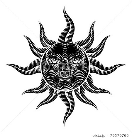 Sun Face Woodcut Drawing Retro Vintage Engraving 79579766